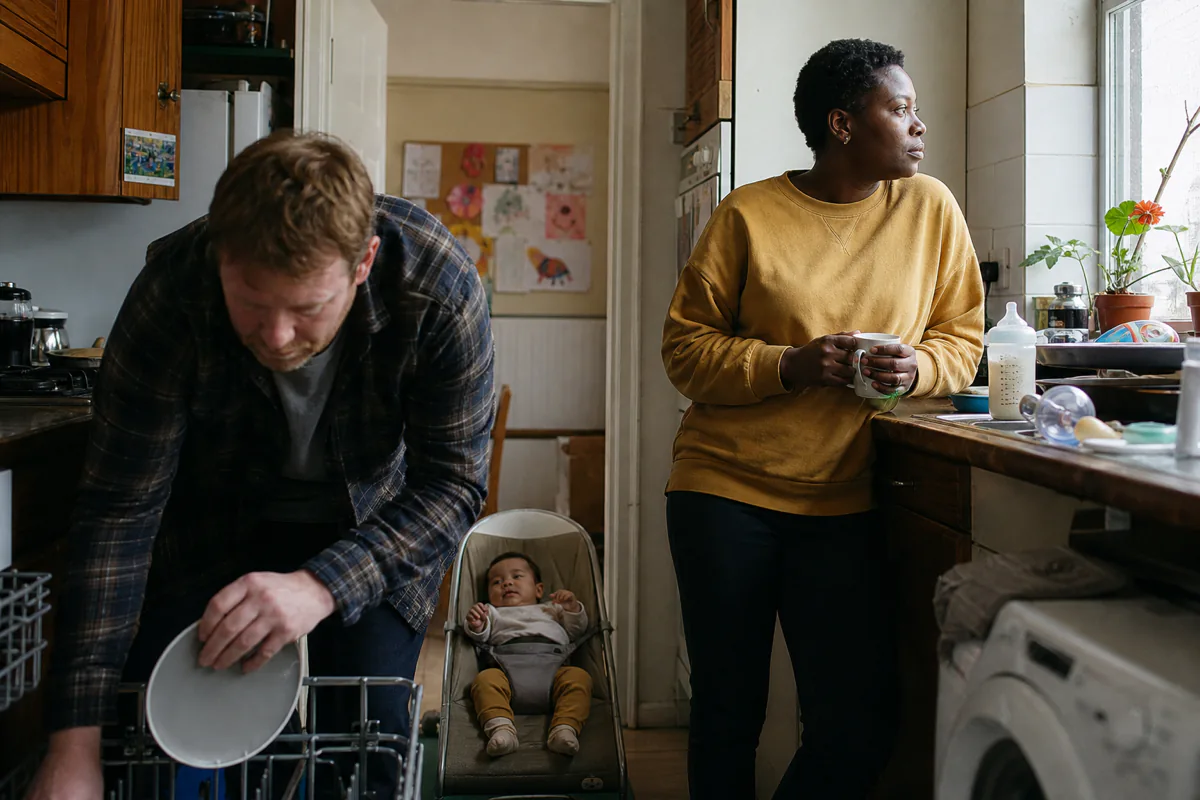 A couple in a kitchen not looking at each other, a baby in a bouncer between them