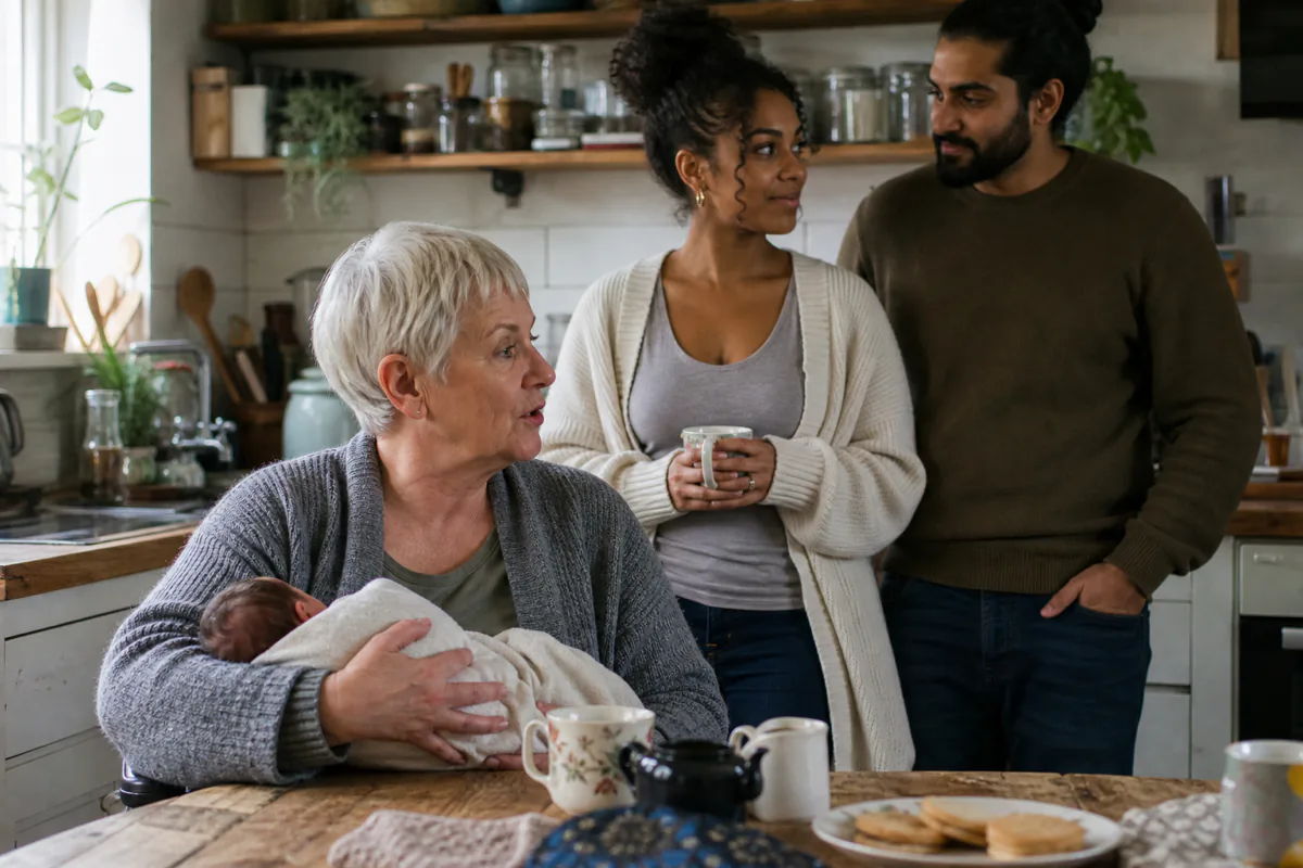 An older woman at a kitchen table holding a newborn, the two parents standing together behind her