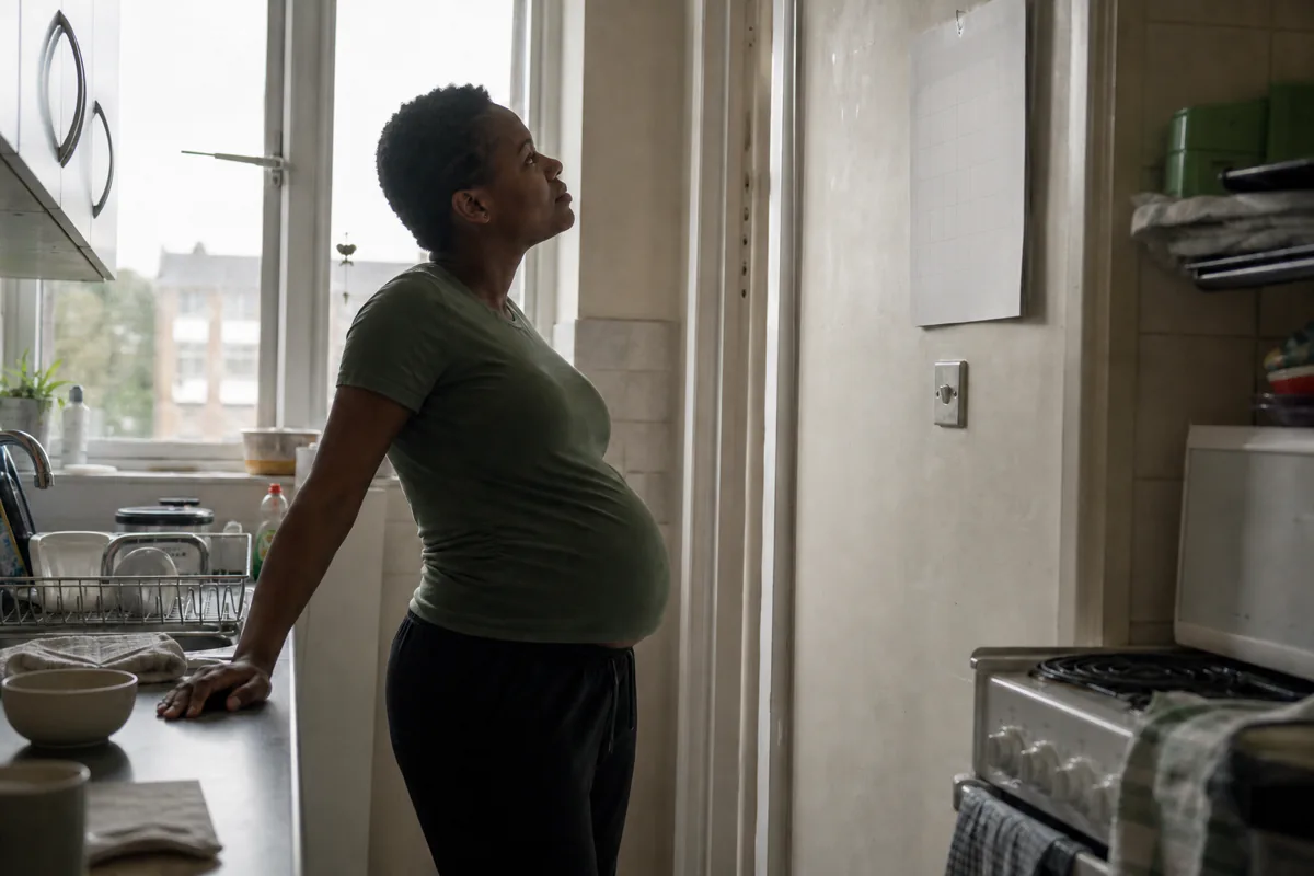 A pregnant woman in a cluttered kitchen looking up at a paper wall calendar