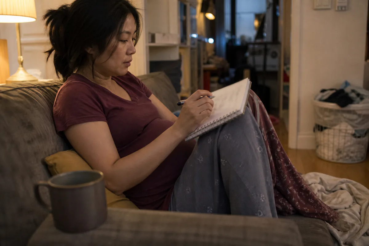 A pregnant woman pausing over a notebook on the sofa, one hand on her bump
